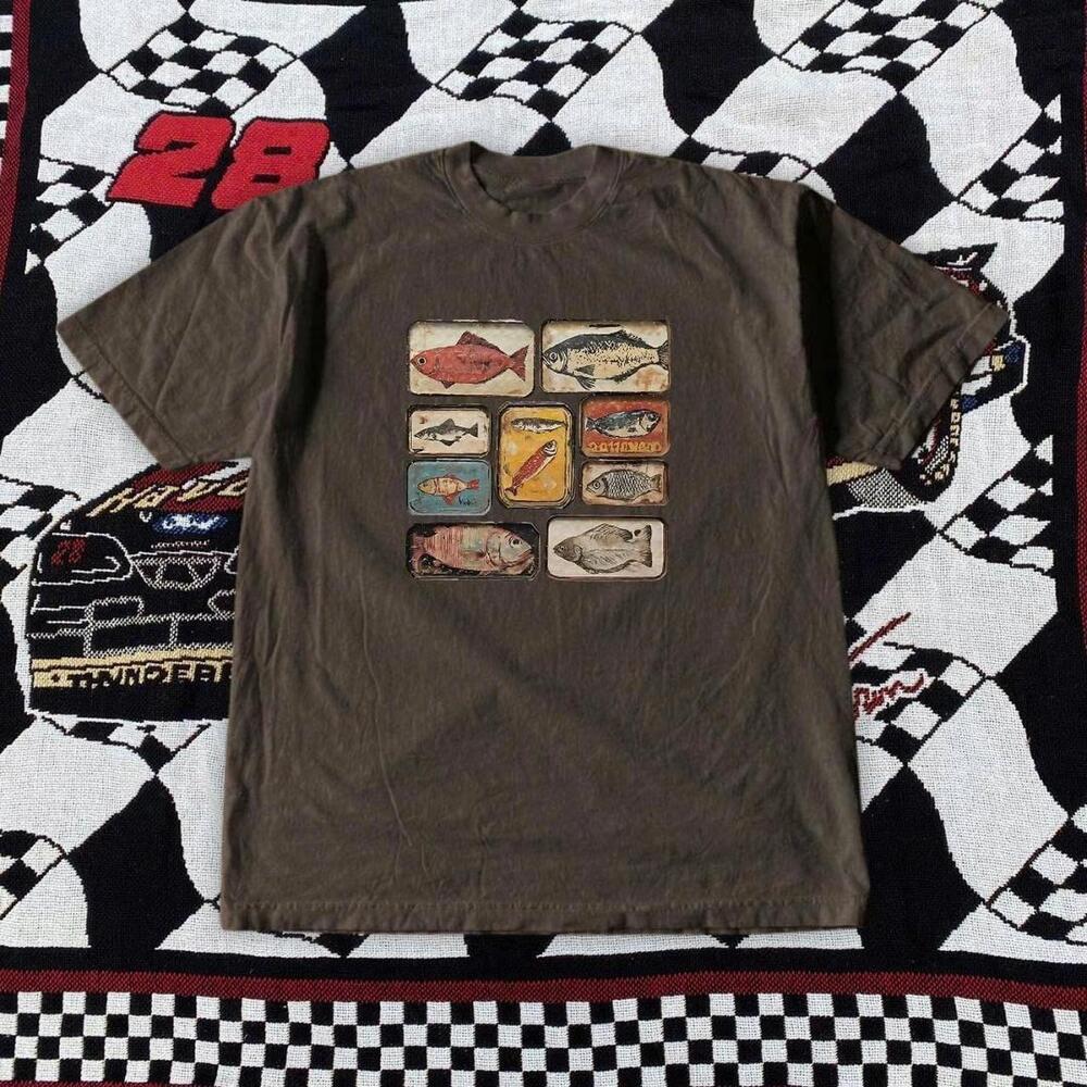 Brown Hanes T-Shirt With Fish Design Clothing